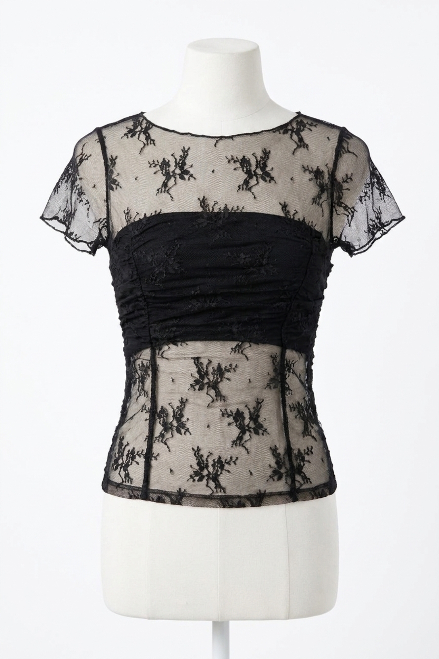 NEW LISTICLE semi sheer floral mesh ruched layering top in black